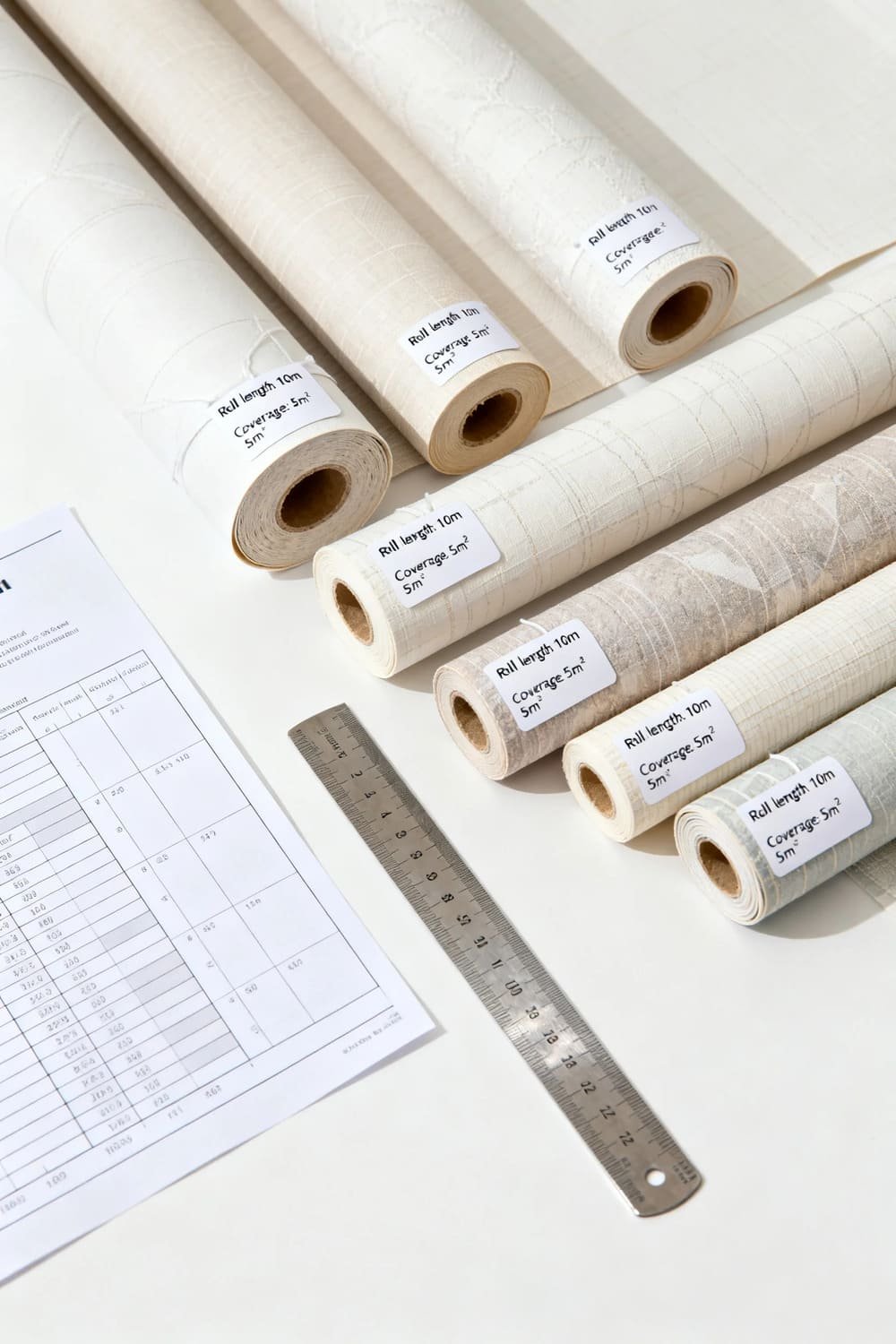 Assorted wallpaper rolls labeled with coverage details on a clean white surface.