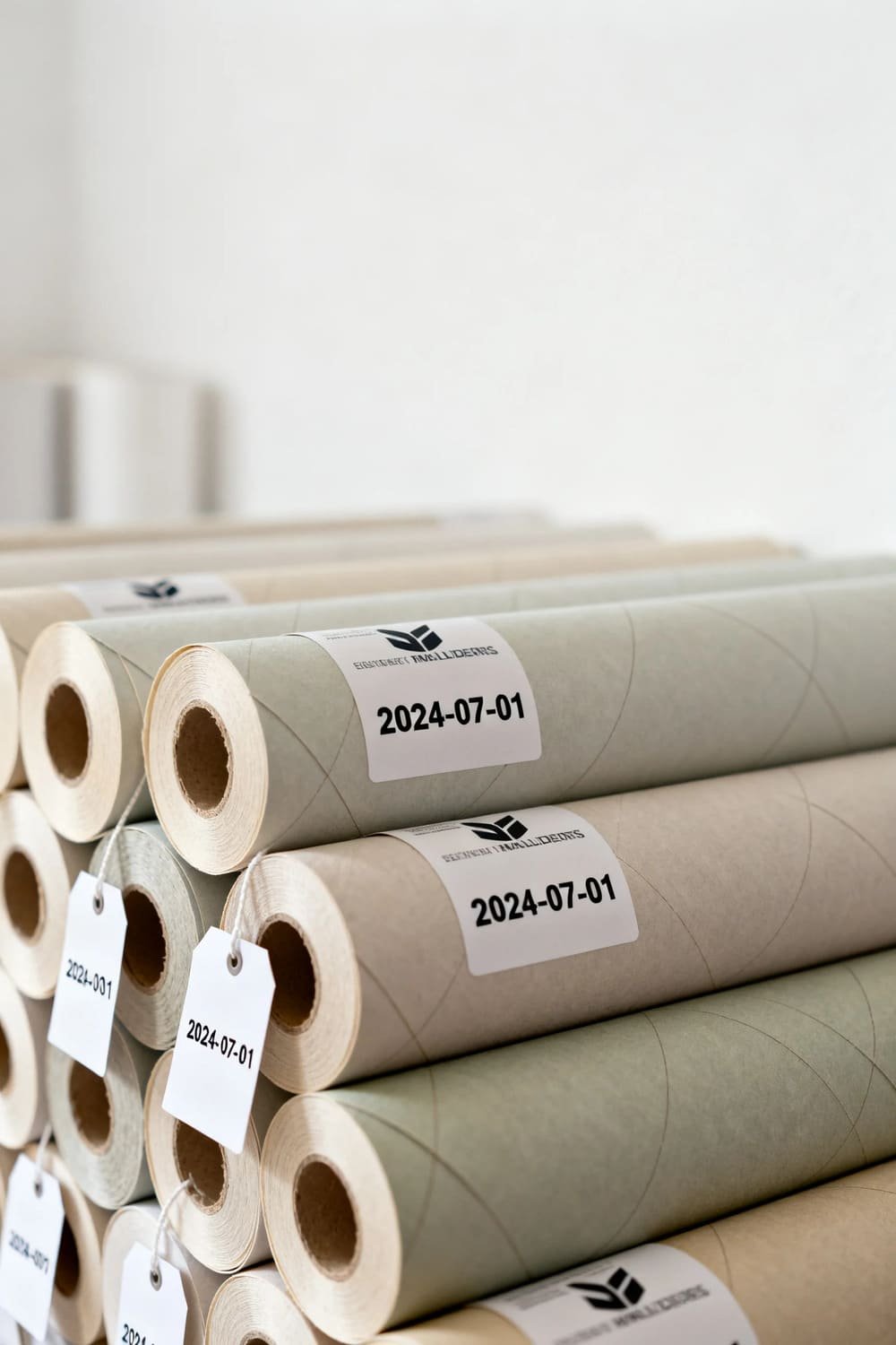 Several wallpaper rolls grouped by matching dye lot numbers for consistent color.