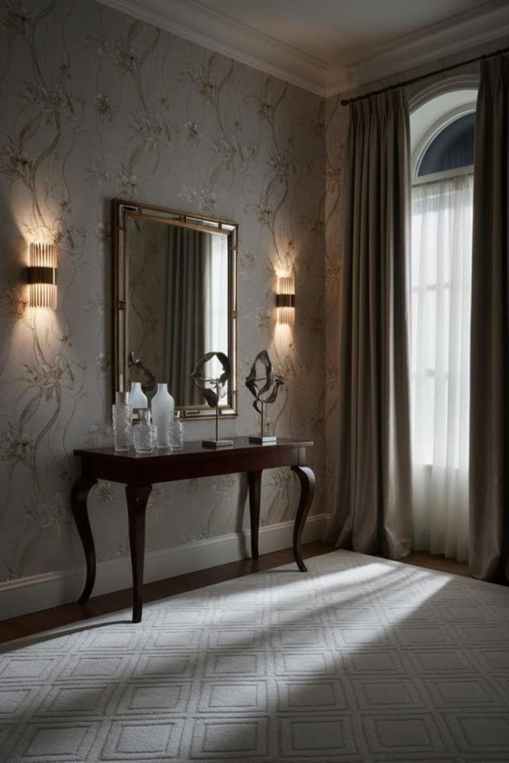 Dim room using wallpaper with delicate metallic accents that softly reflect light for a subtle glow.
