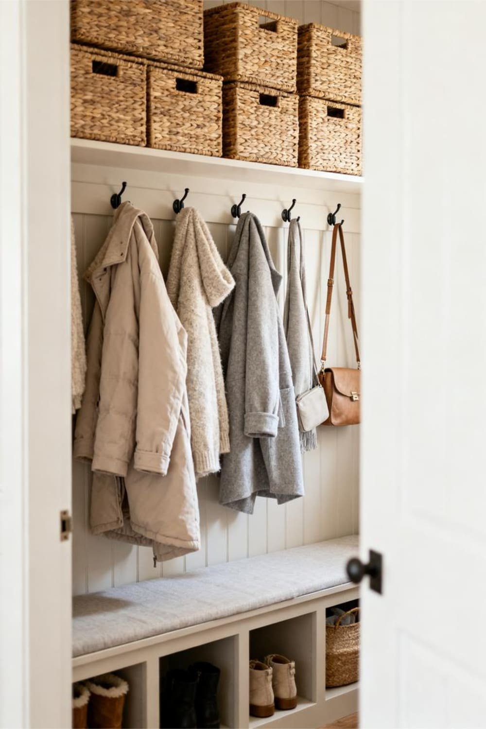 Mudroom showing light seasonal accessories on hooks and off-season baskets stored on upper shelves.