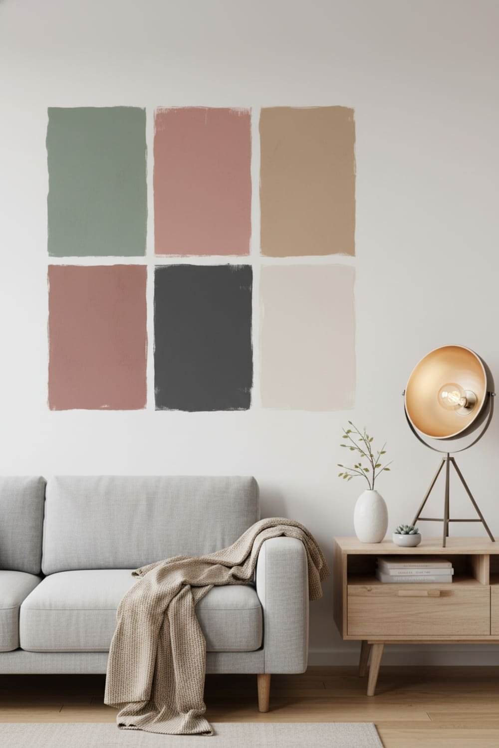 Wall covered with several paint sample swatches tested next to existing furniture.