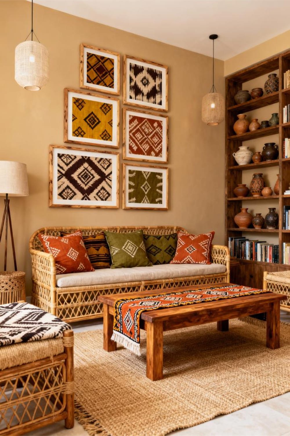 Batik and mudcloth-inspired printable patterns arranged in an eclectic gallery wall above a cozy couch.
