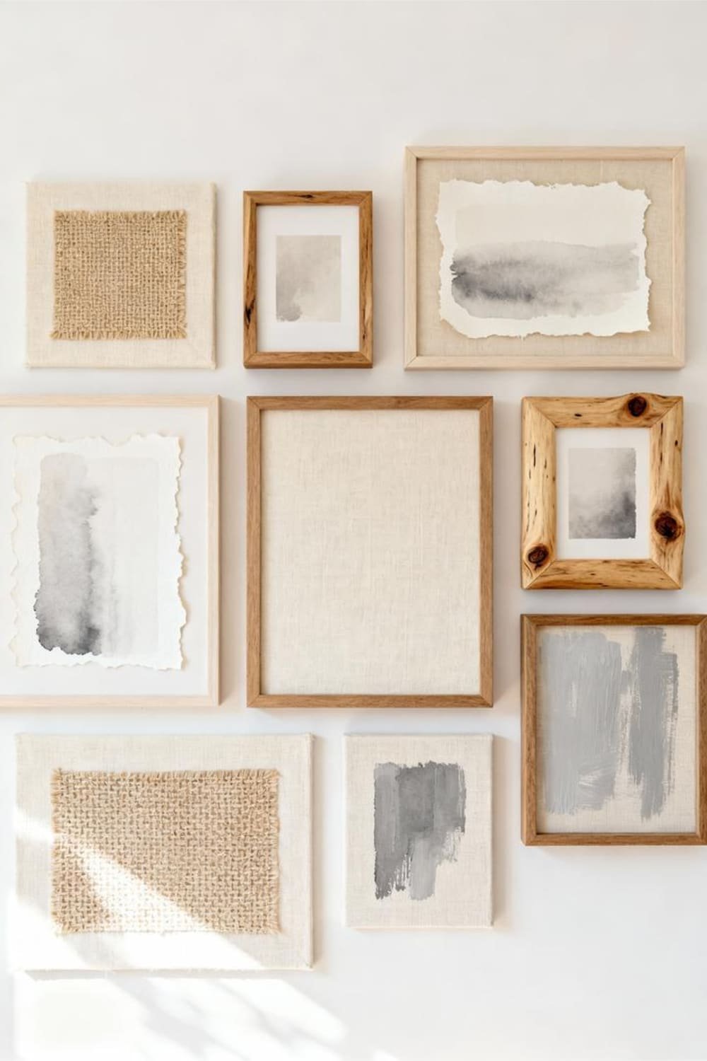 A Scandinavian gallery wall with layered textures like canvas, wood, and linen.