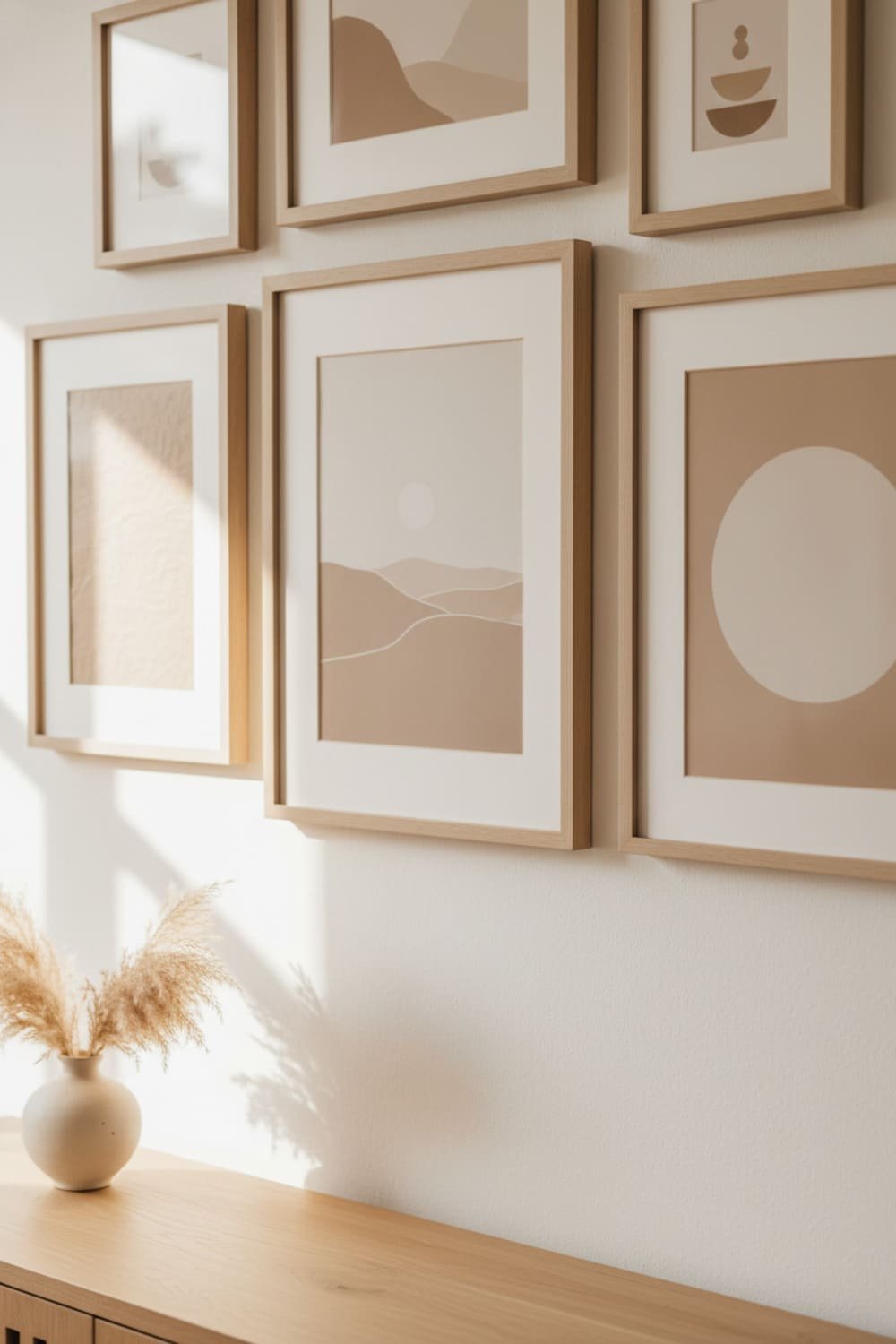 Neutral-toned Scandinavian gallery wall with soft beiges, greiges, and light wood frames.
