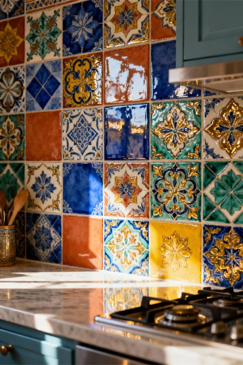 Colorful mosaic tile-style printable art inspired by Moroccan and Portuguese ceramics in a bright kitchen.