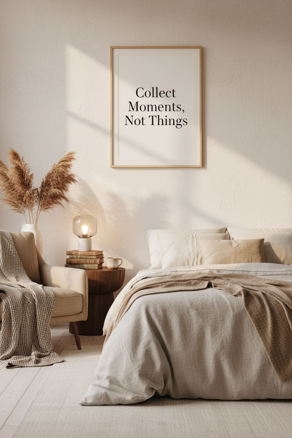Elegant travel quote printable reading ‘Collect Moments, Not Things’ displayed in a cozy bedroom corner.