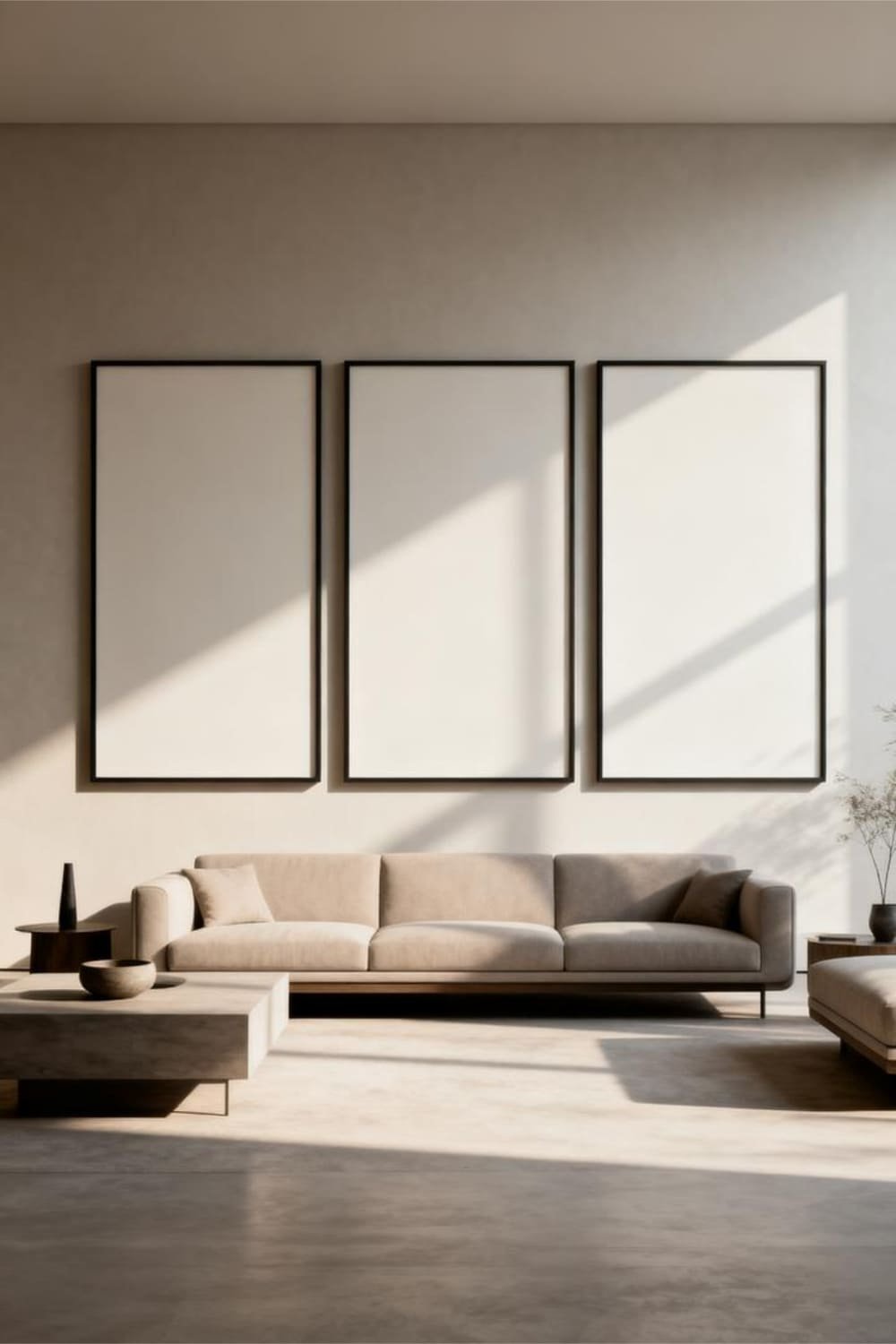 Three matching frames forming a triptych displayed above a sofa.