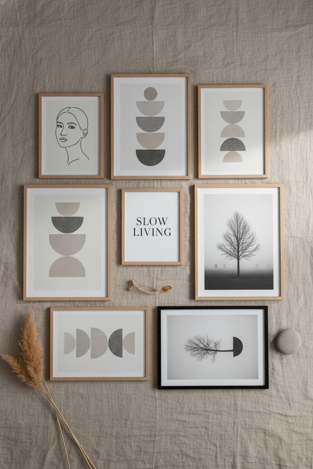 Flatlay of Scandinavian artwork including line drawings, abstracts, and neutral photography.
