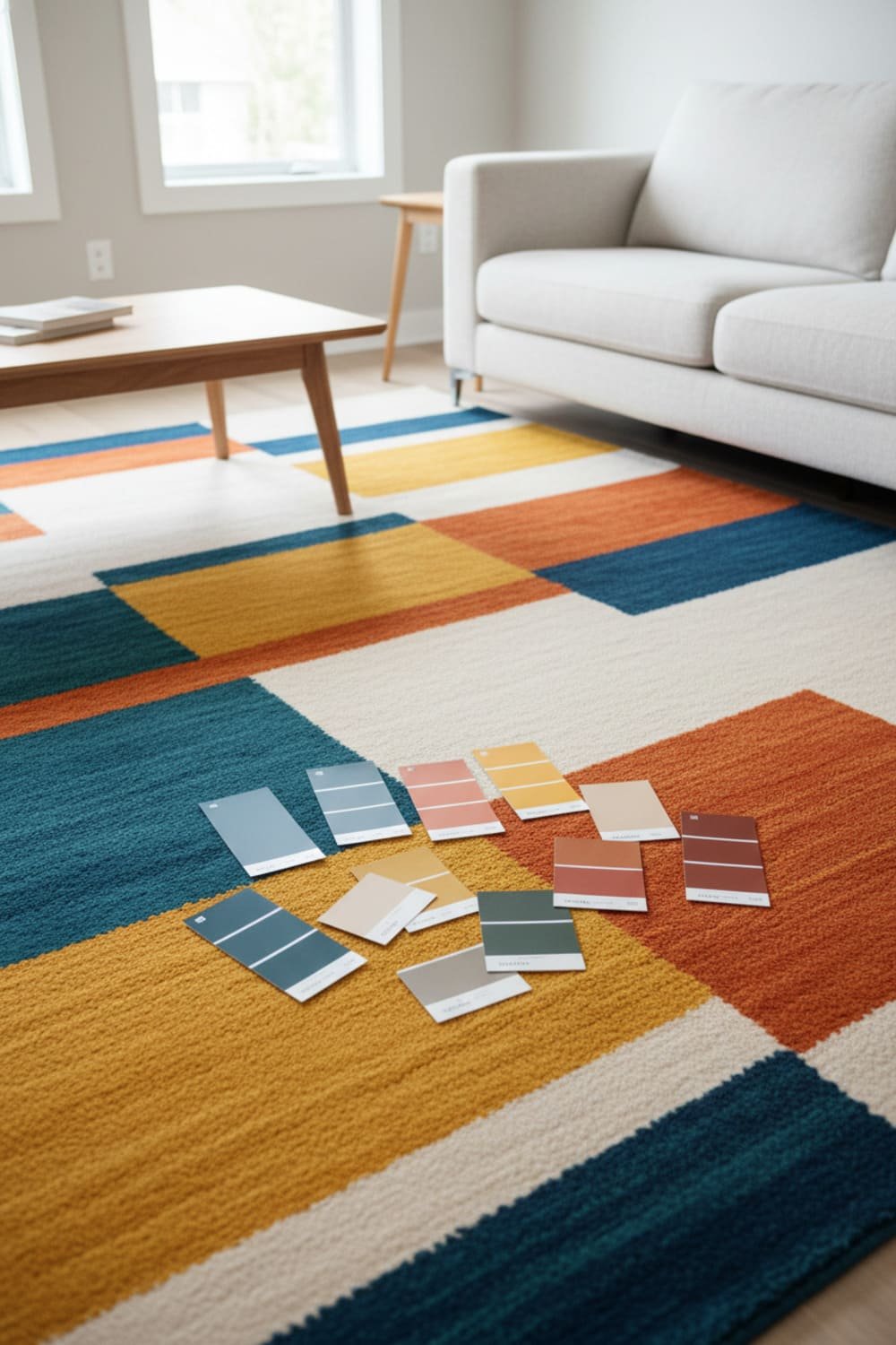 Patterned rug with paint swatches placed on top, showing how rug colors can help choose wall paint.