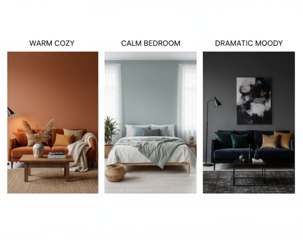 Three styled rooms showing warm cozy tones, cool calming tones, and dark dramatic tones to demonstrate color psychology.