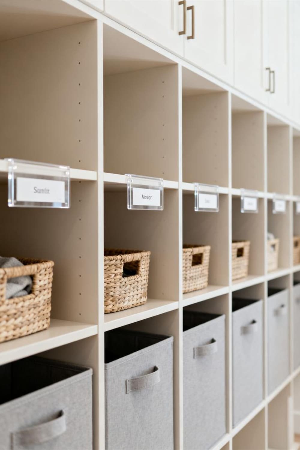 Close-up of labeled mudroom cubbies and baskets arranged neatly in a clean storage system.