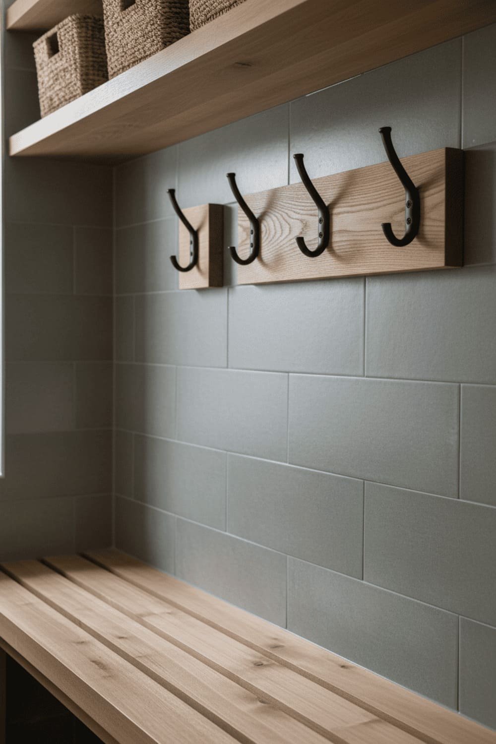 Close-up of mudroom wall storage featuring powder-coated metal hooks, solid wood brackets, and moisture-resistant finishes.