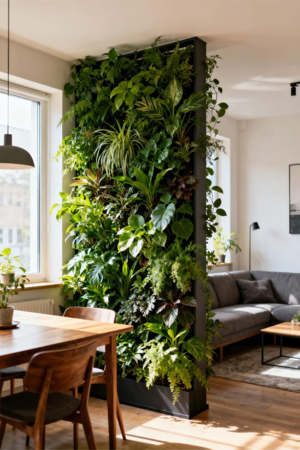 Green vertical plant wall acting as a natural divider in a small apartment.