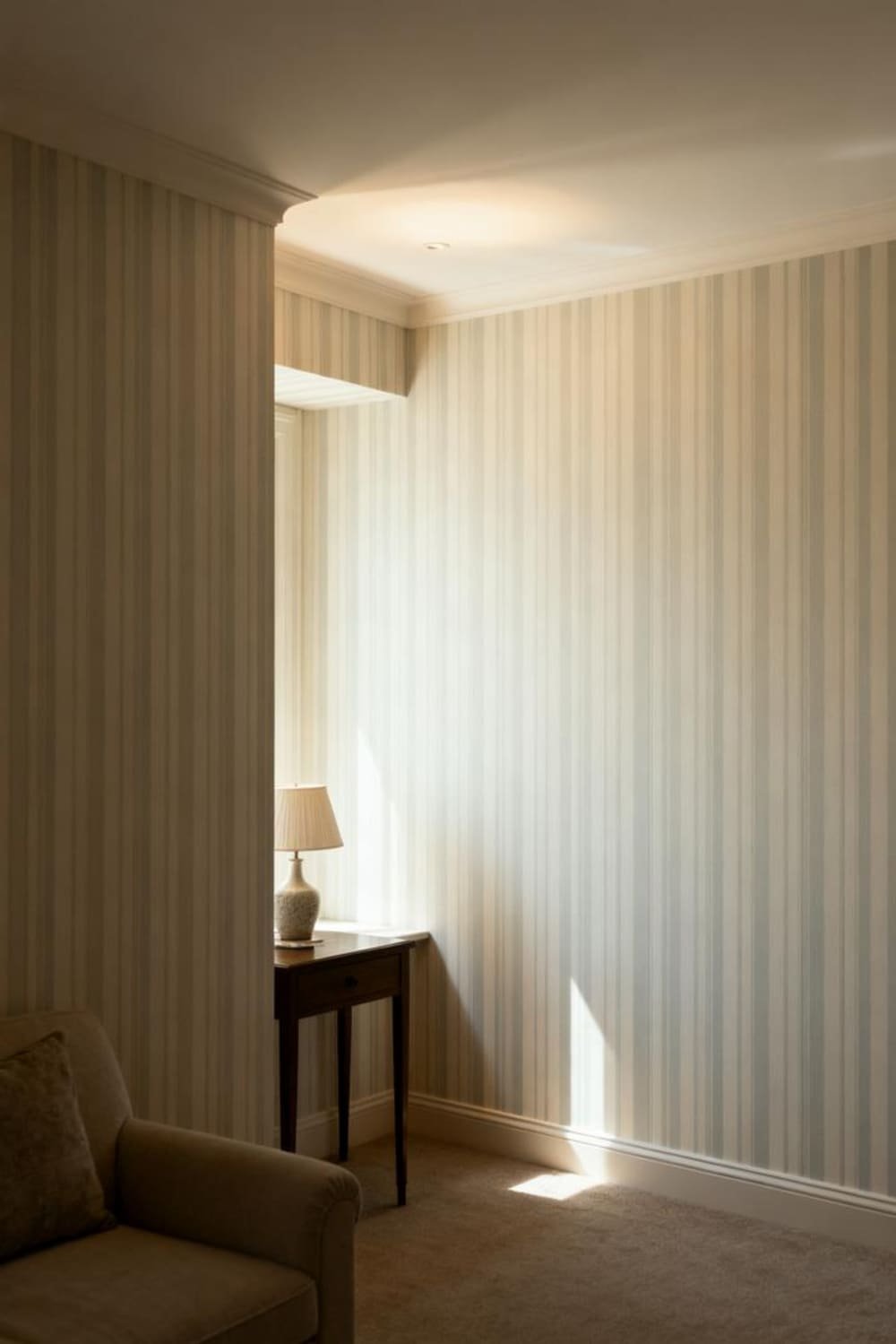 Low-light room with pale vertical stripe wallpaper creating the visual effect of taller, brighter walls.