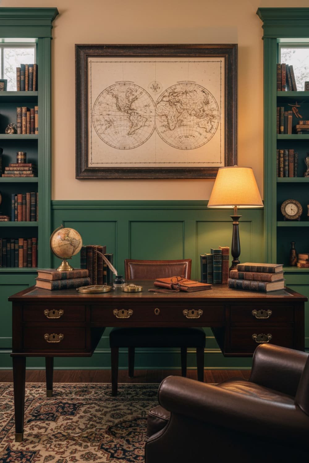 Sepia-toned vintage world map printable framed in distressed wood in a warm, antique-style study room.