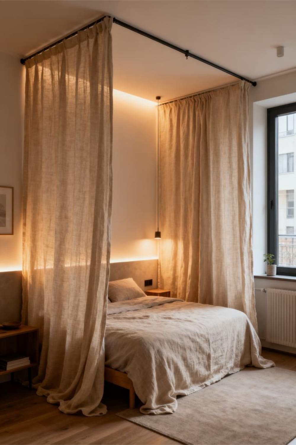 Light linen curtain hung from the ceiling acting as a room divider in a small apartment.
