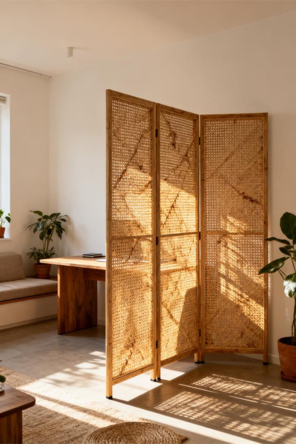 Woven rattan folding screen dividing a workspace and living area in a small apartment.