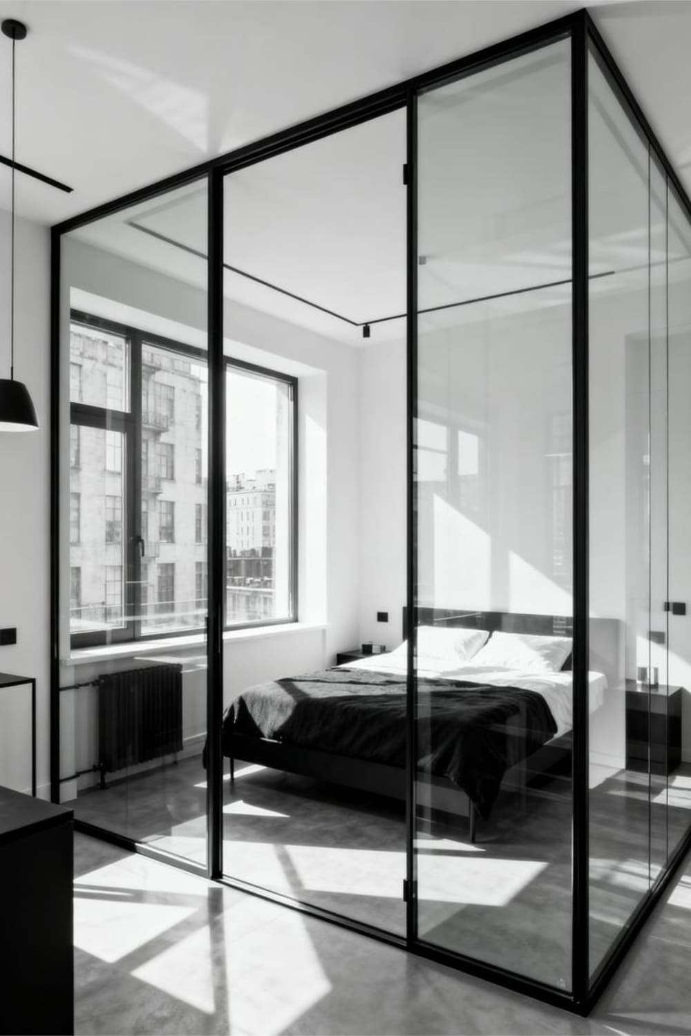 Black-framed glass partition dividing a small apartment bedroom from the main living area.