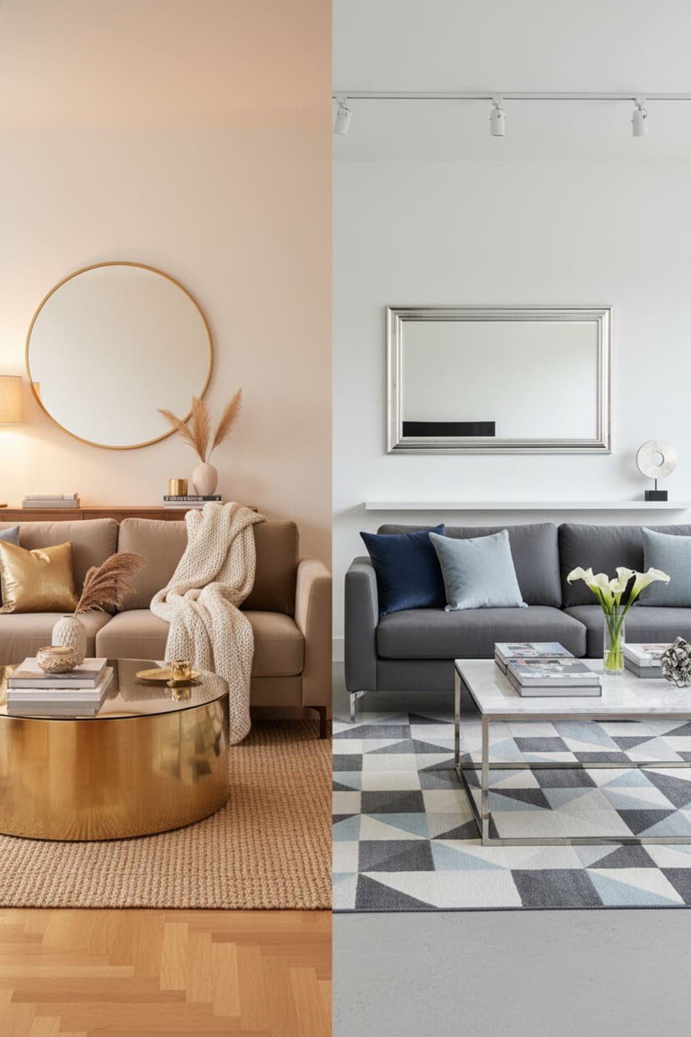 Split-room image showing warm-toned furniture on one side and cool-toned furniture on the other, highlighting undertone differences.