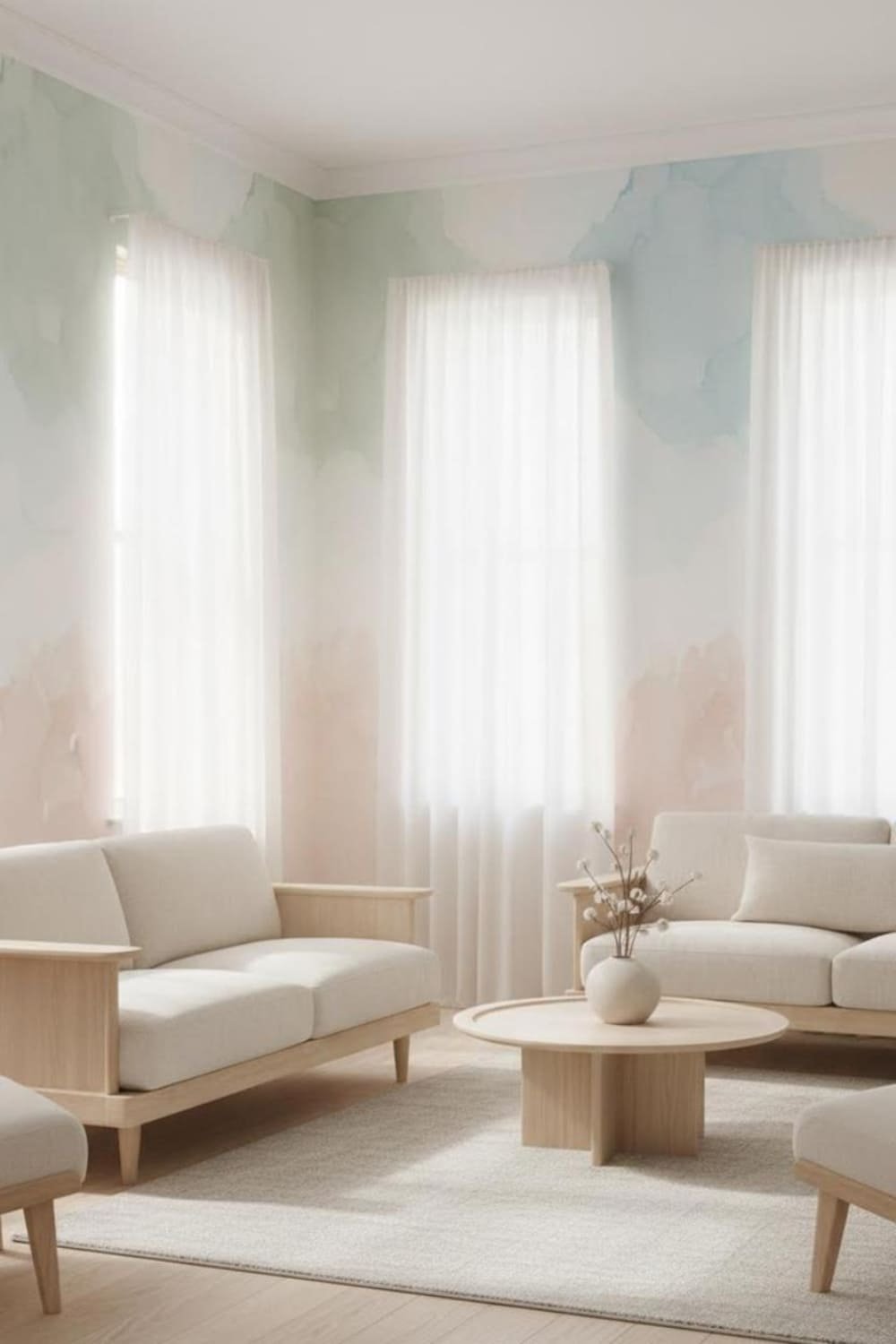 Interior with pale watercolor-style wallpaper in soft gradients that gently diffuses light in a low-light space.