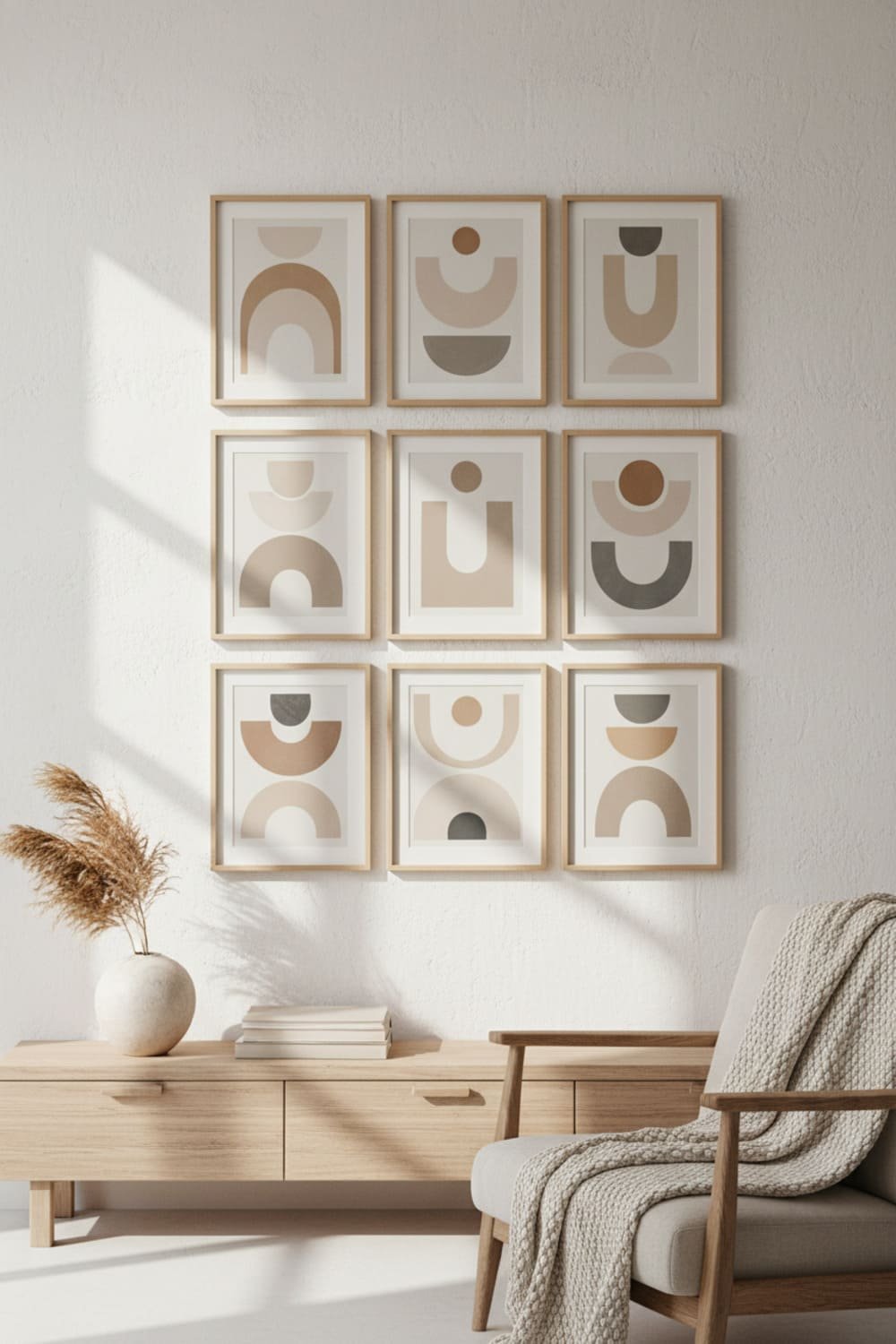 A timeless Scandinavian gallery wall with simple frames and minimalist neutral artwork.