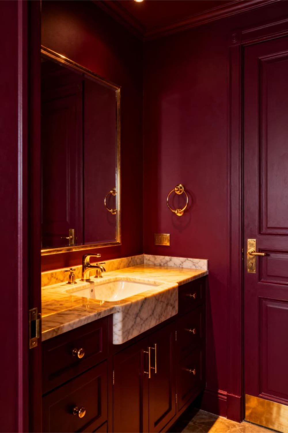 Powder room with burgundy walls and brass fixtures.
