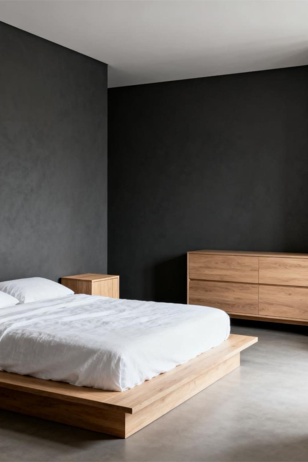 Bedroom with charcoal gray walls and white bedding.