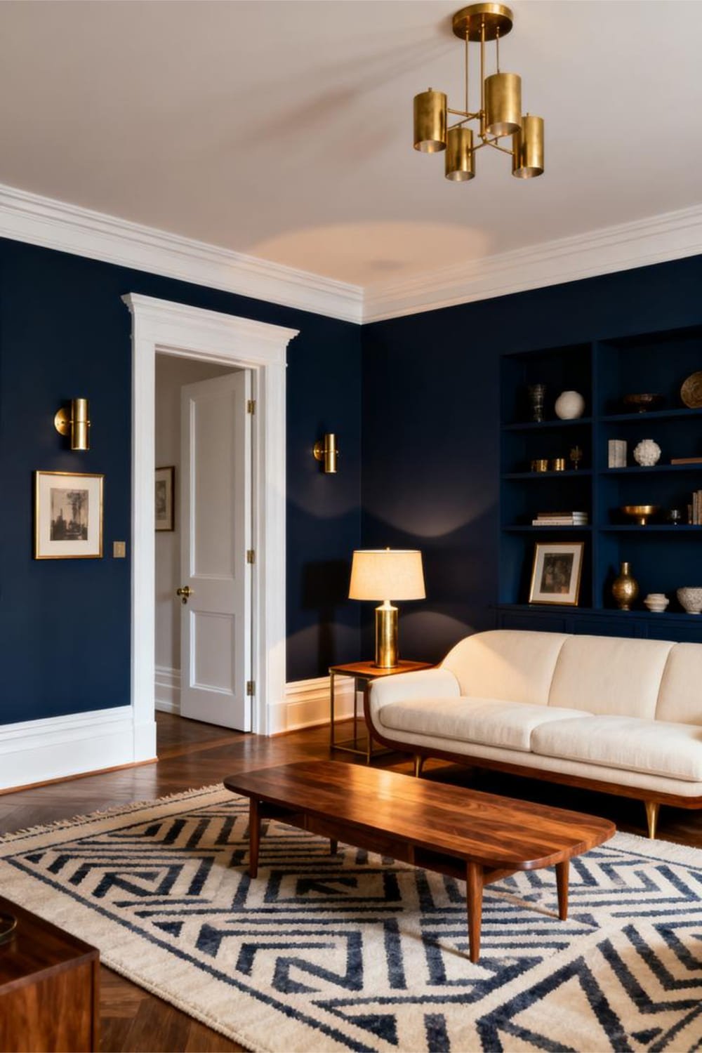 Living room with deep navy feature wall and brass accents.