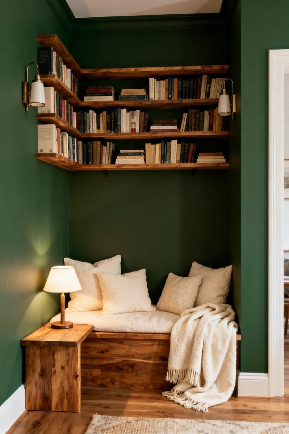 Reading nook with forest green walls and wood shelving.