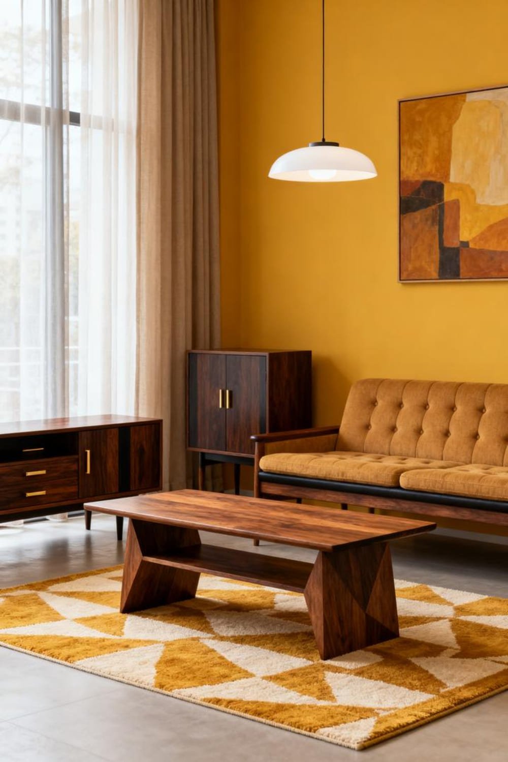 Living room with mustard yellow accent wall and mid-century décor.