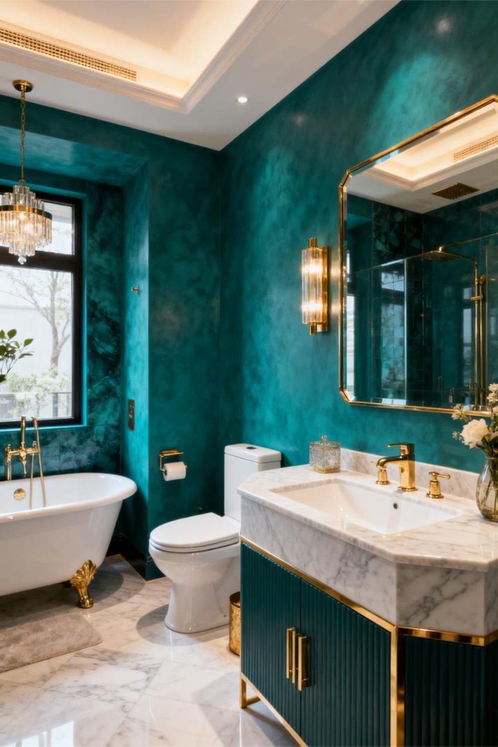 Bathroom with teal walls, gold accents, and clean white fixtures; jewel-tone color palette; luxurious and modern; no people.
