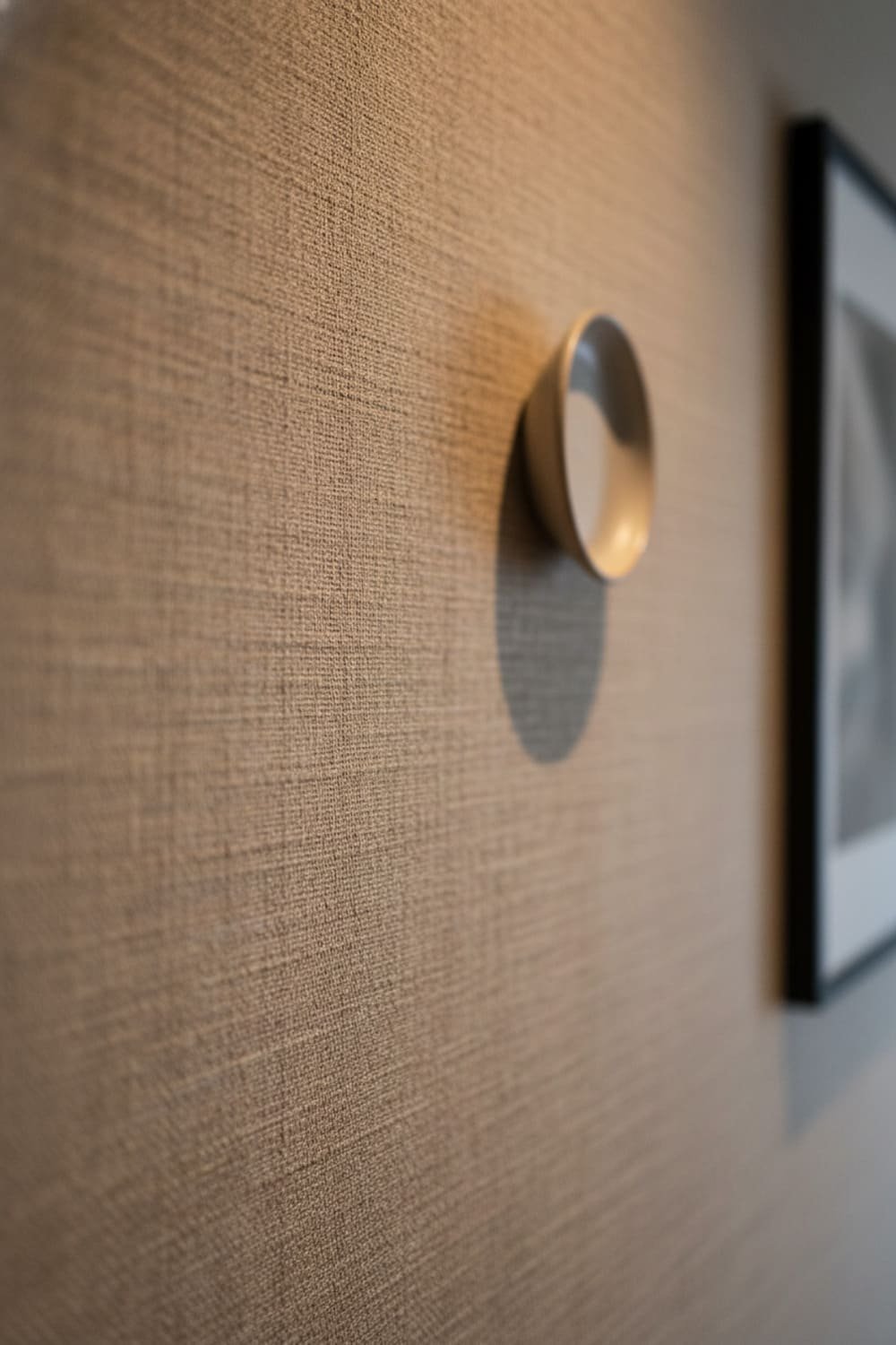 Close-up of neutral grasscloth textured wallpaper.