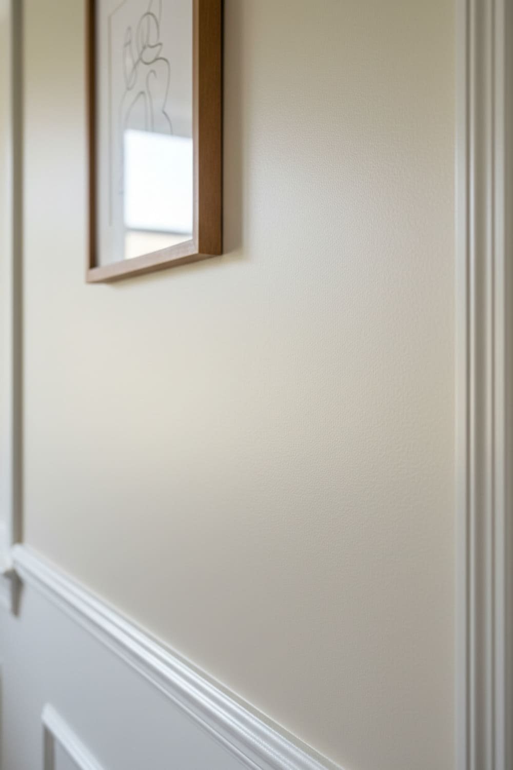 Close-up of hallway wall showing subtle eggshell paint finish sheen.