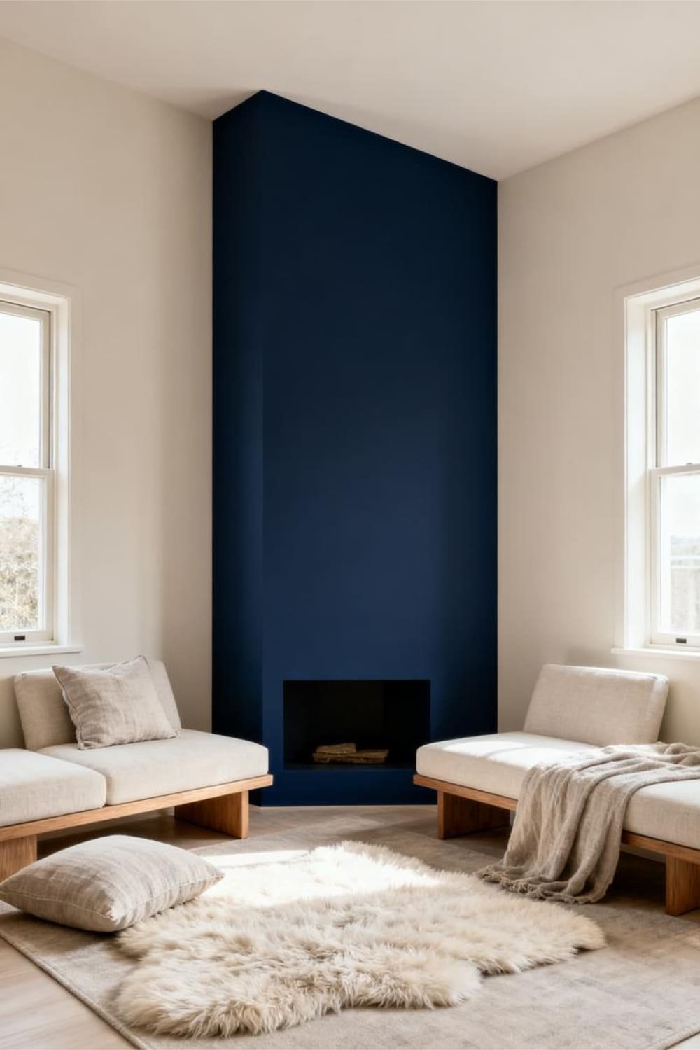 Living room with one navy accent wall and neutral décor.