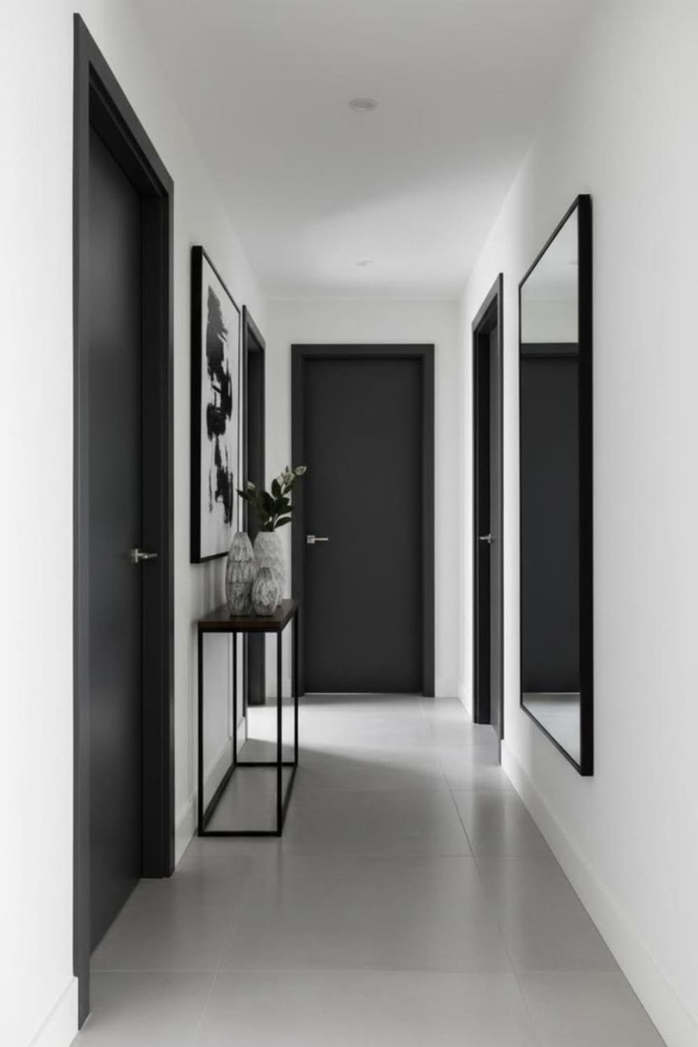 Hallway with charcoal-painted doors against white walls.