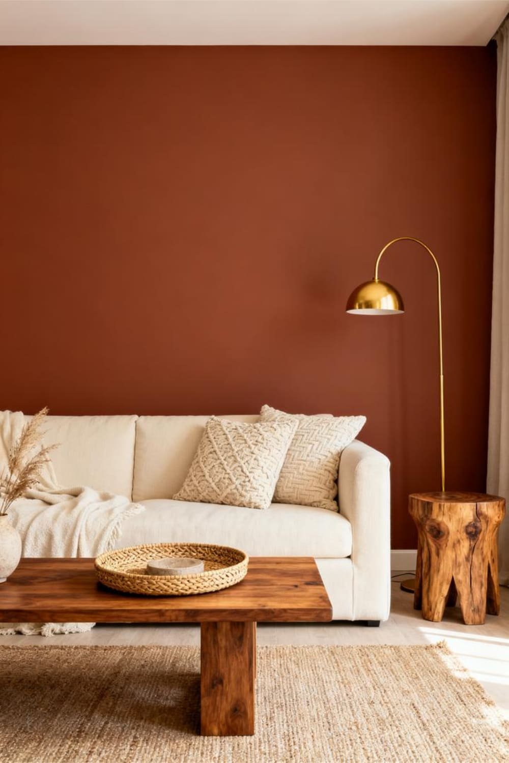 Living room with warm terracotta undertone walls, cream décor, and warm wood accents.