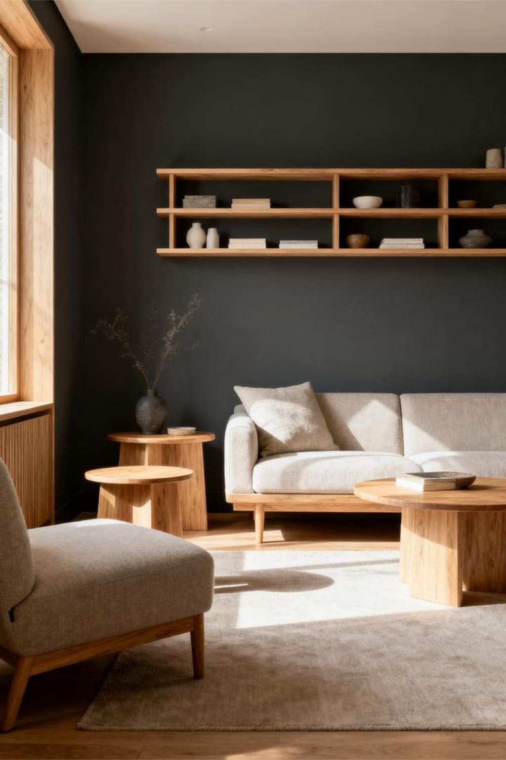 Living room with charcoal wall and light oak furniture accents.