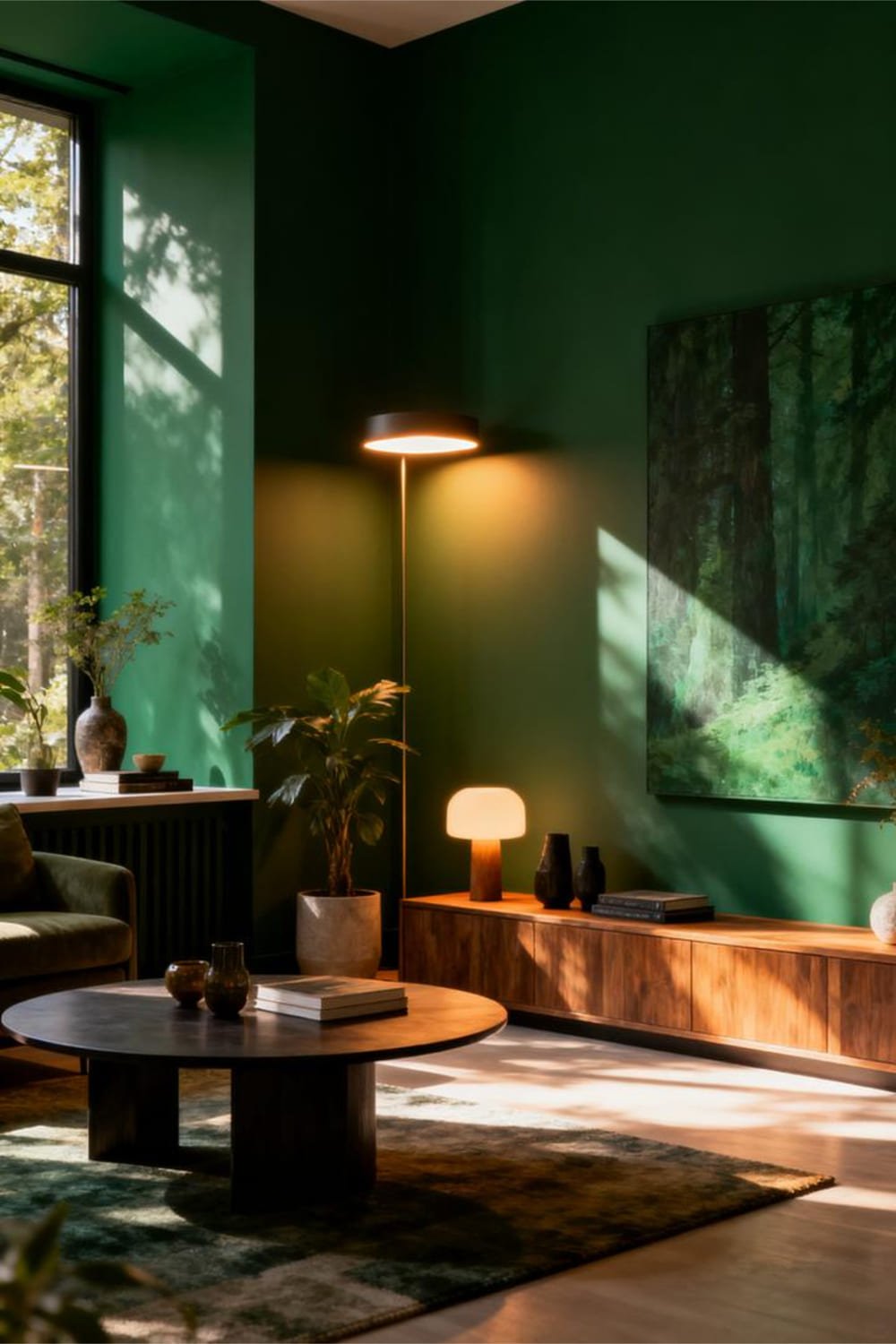 Forest green wall highlighted by warm lighting and daylight.