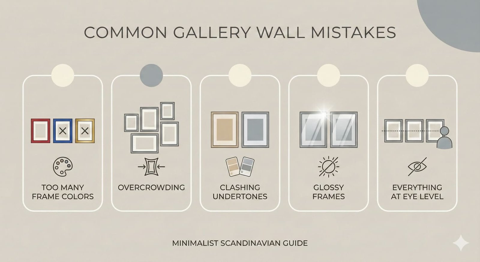 Infographic showing common mistakes to avoid when creating a Scandi gallery wall.