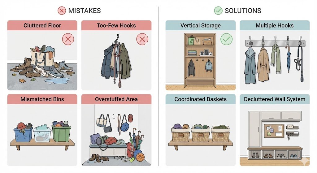 Infographic comparing common mudroom mistakes with solutions, including cluttered floors, few hooks, mismatched bins, and overstuffed areas.
