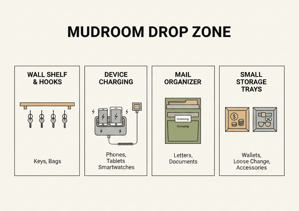 Infographic showing a mudroom drop zone layout with labeled areas for key hooks, a charging shelf, a mail organizer, and small storage trays.