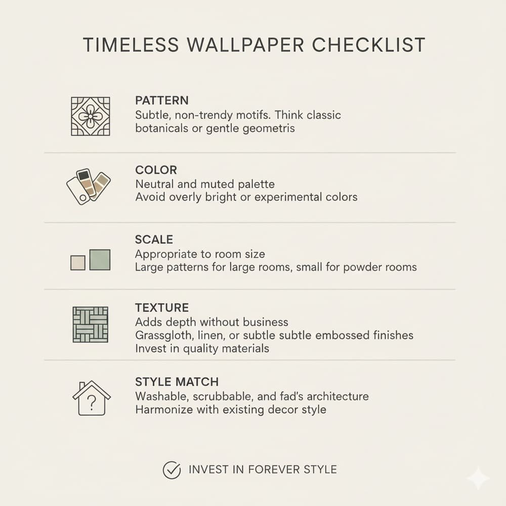 Minimal infographic showing a checklist for choosing timeless wallpaper.