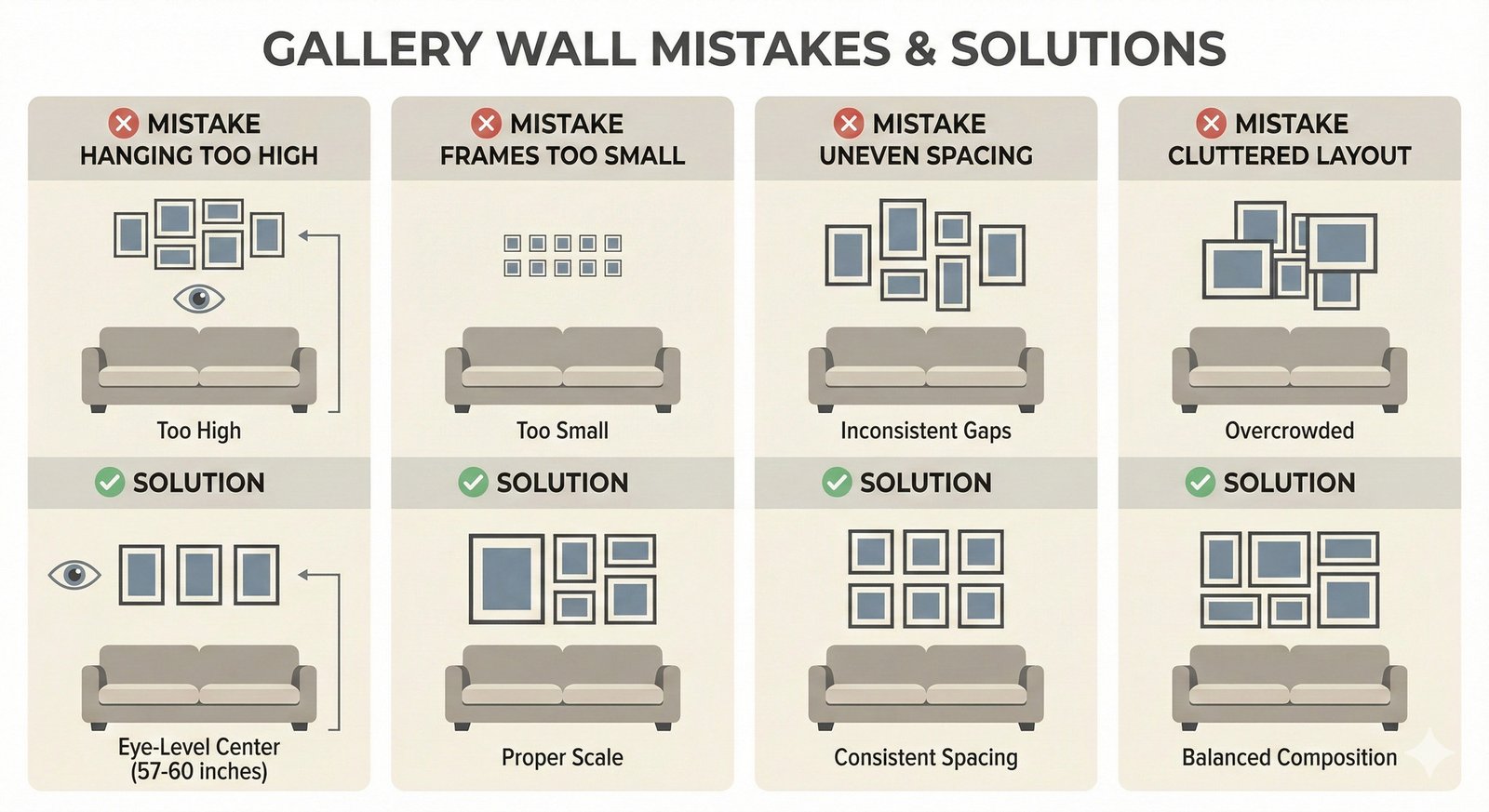 Infographic listing common gallery wall mistakes with icons and simple visuals.
