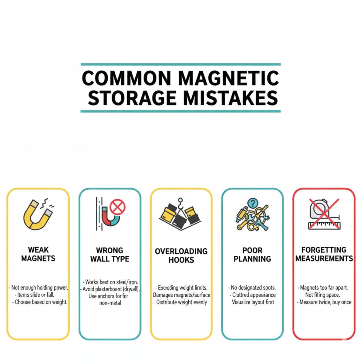 Infographic listing common magnetic storage mistakes such as using weak magnets, wrong wall material, overloading hooks, and poor planning.