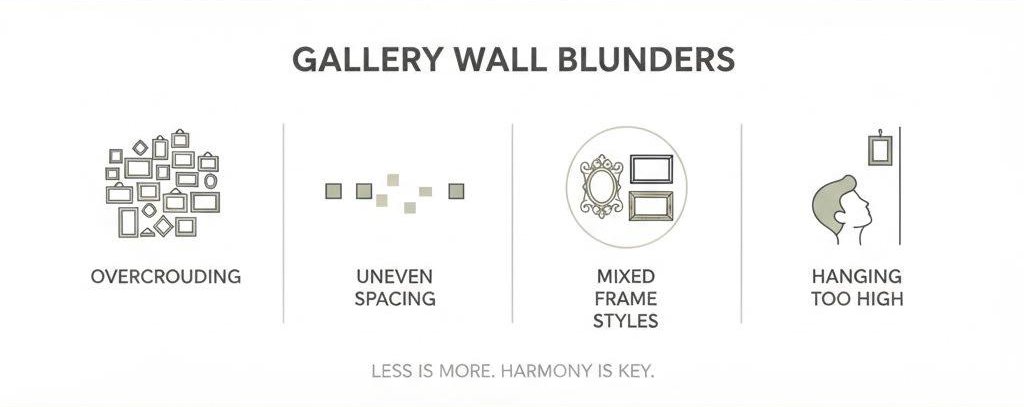 Infographic highlighting common mistakes that ruin a minimalist gallery wall