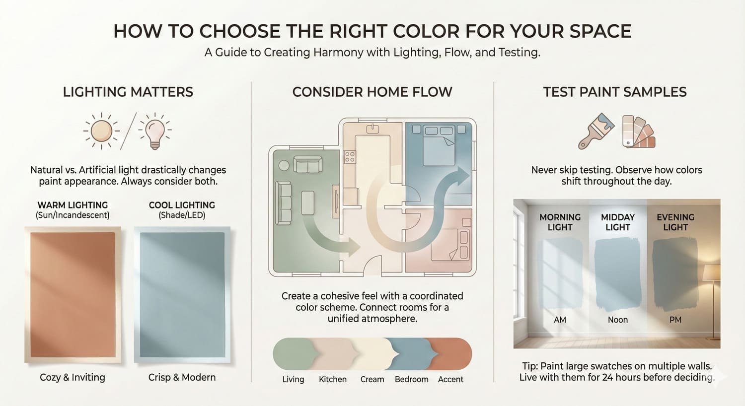 Infographic showing how to choose wall paint colors based on lighting, home flow, and testing paint swatches.