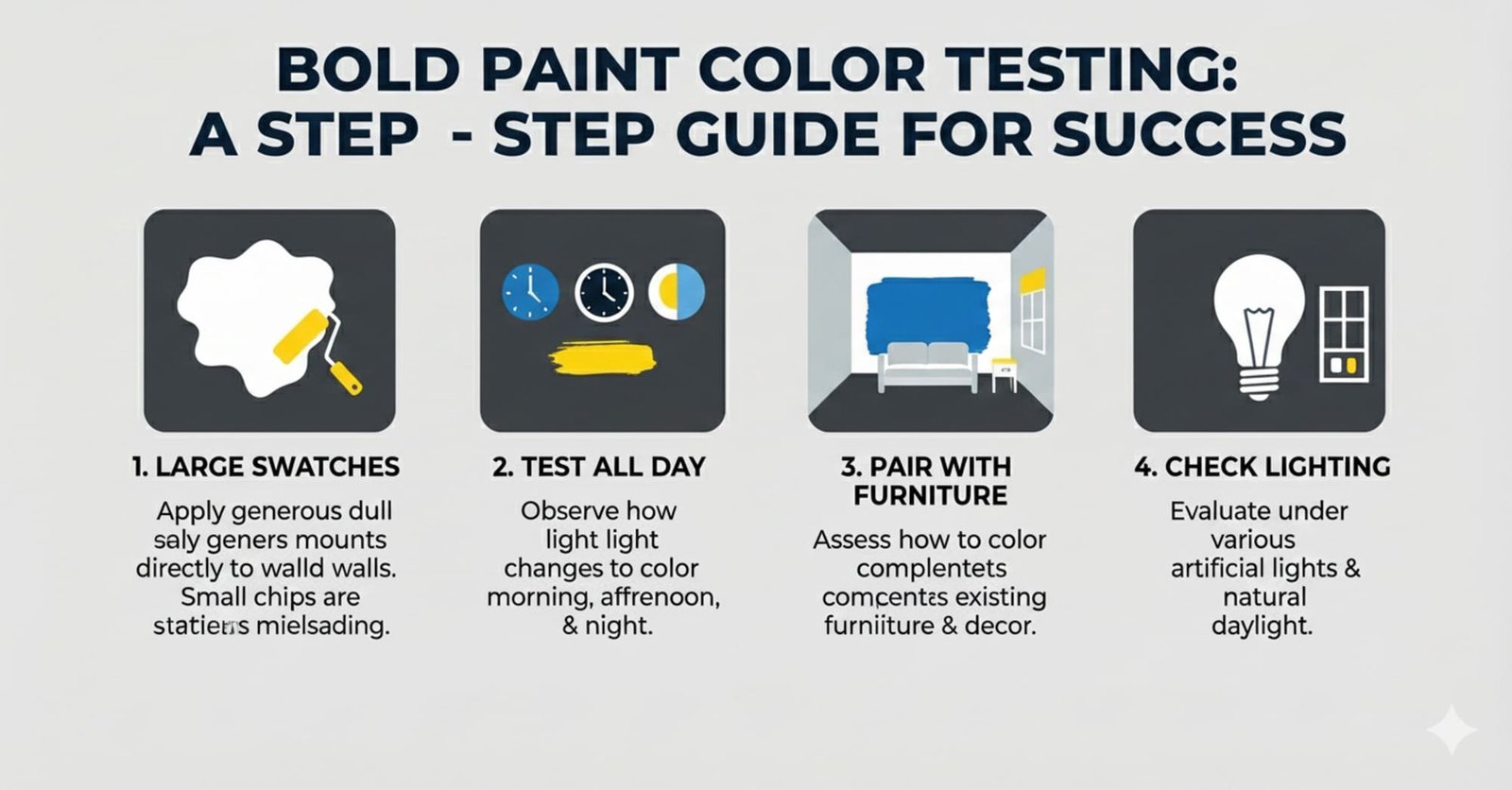 Infographic explaining how to test bold paint colors with swatches and lighting checks.