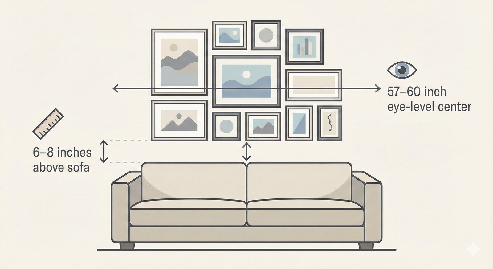 Infographic showing ideal gallery wall height measurements above a sofa.