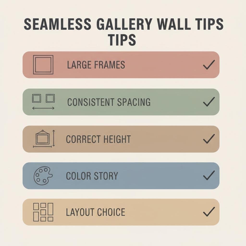 Checklist infographic with icons showing final tips for hanging a seamless gallery wall above a sofa.