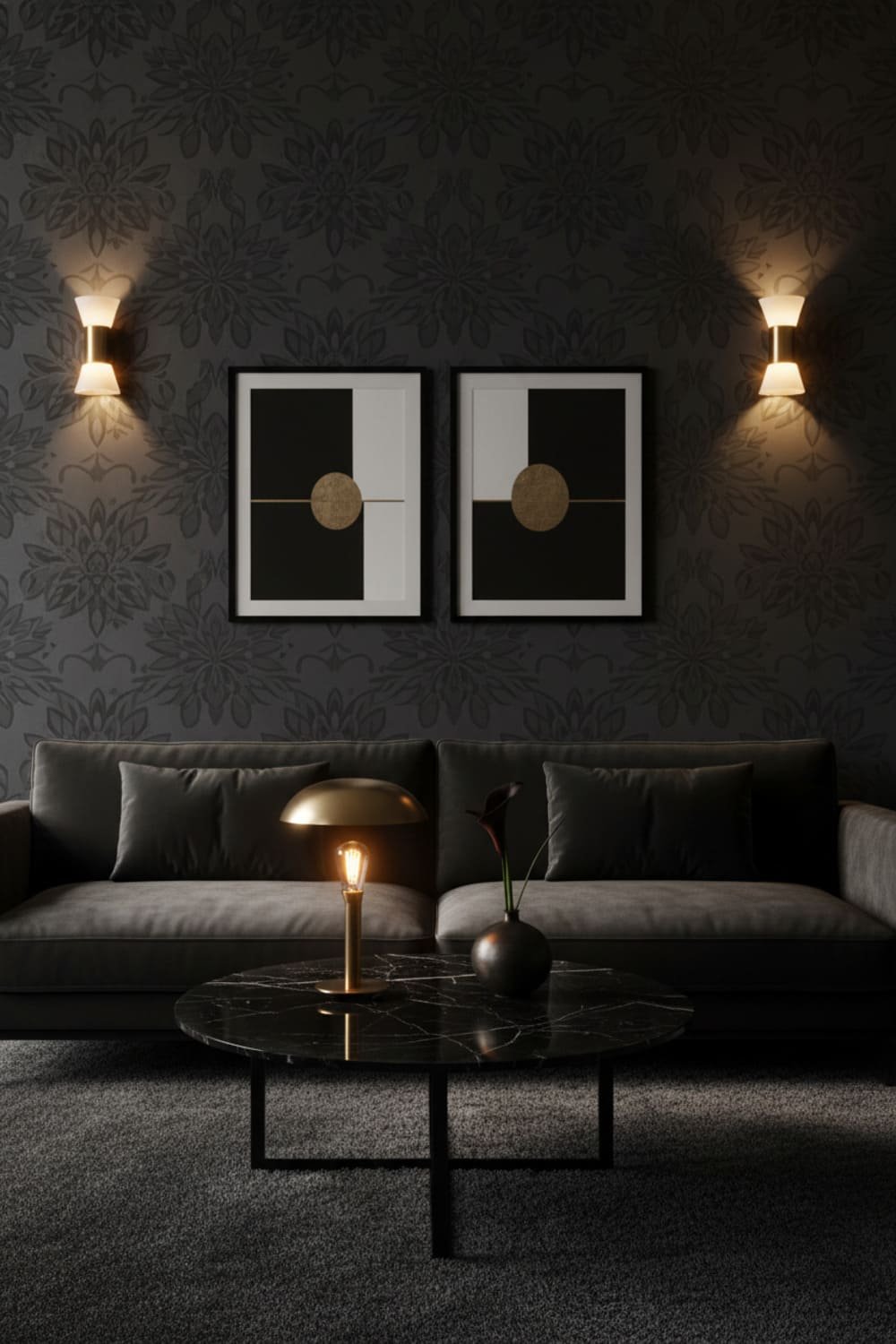 Moody dark floral wallpaper showing bold yet timeless style.